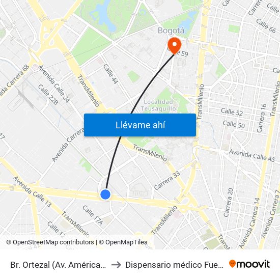 Br. Ortezal (Av. Américas - Tv 39) to Dispensario médico Fuerza Aérea map