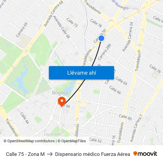 Calle 75 - Zona M to Dispensario médico Fuerza Aérea map