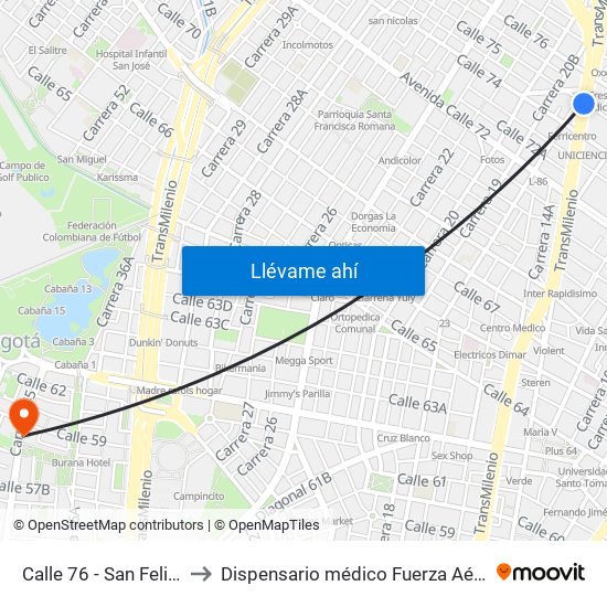 Calle 76 - San Felipe to Dispensario médico Fuerza Aérea map