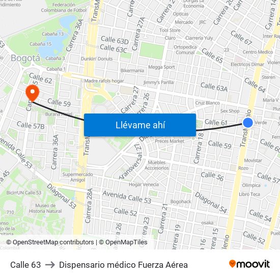 Calle 63 to Dispensario médico Fuerza Aérea map