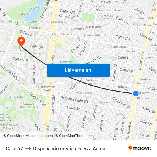 Calle 57 to Dispensario médico Fuerza Aérea map
