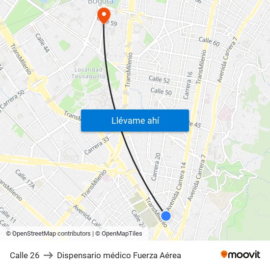 Calle 26 to Dispensario médico Fuerza Aérea map