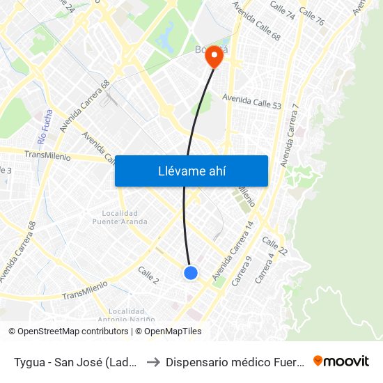 Tygua - San José (Lado Norte) to Dispensario médico Fuerza Aérea map