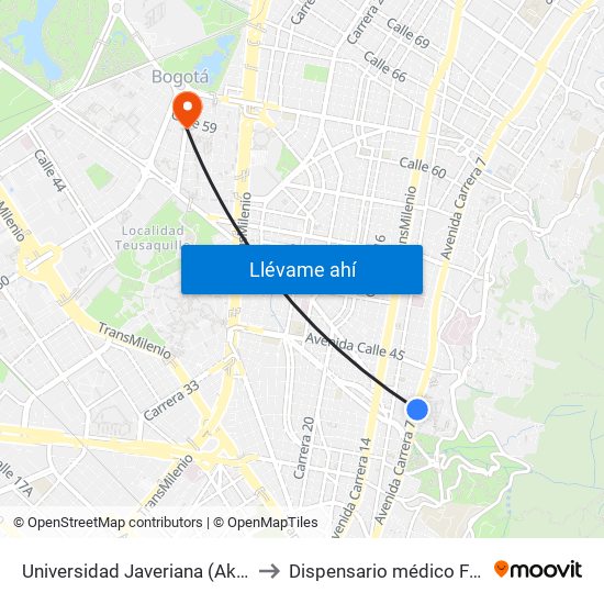 Universidad Javeriana (Ak 7 - Cl 40) (B) to Dispensario médico Fuerza Aérea map