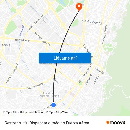 Restrepo to Dispensario médico Fuerza Aérea map