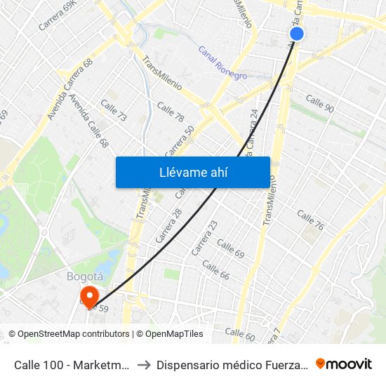 Calle 100 - Marketmedios to Dispensario médico Fuerza Aérea map