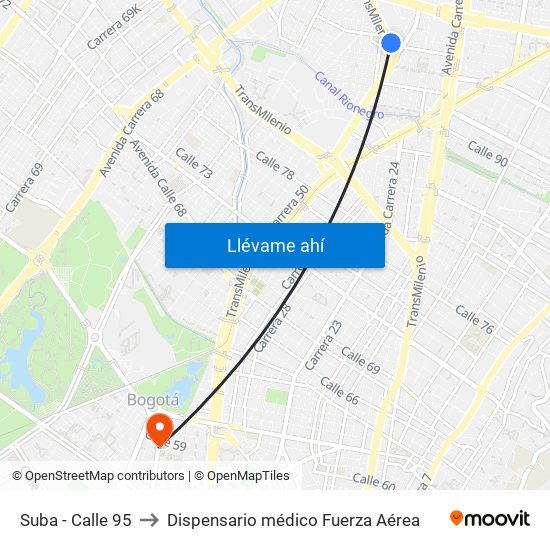 Suba - Calle 95 to Dispensario médico Fuerza Aérea map