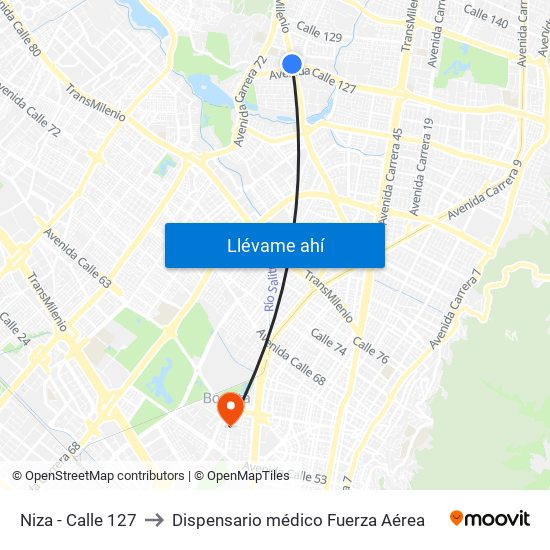 Niza - Calle 127 to Dispensario médico Fuerza Aérea map