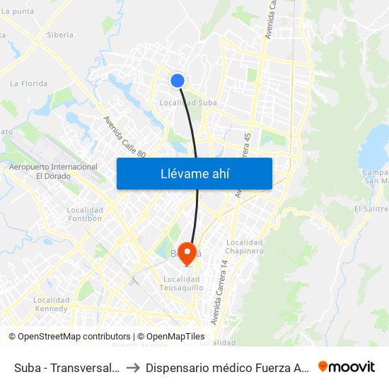 Suba - Transversal 91 to Dispensario médico Fuerza Aérea map
