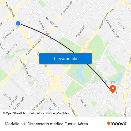 Modelia to Dispensario médico Fuerza Aérea map