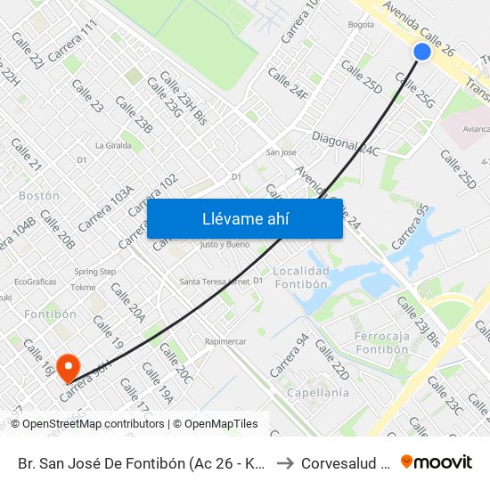 Br. San José De Fontibón (Ac 26 - Kr 96a) to Corvesalud IPS map