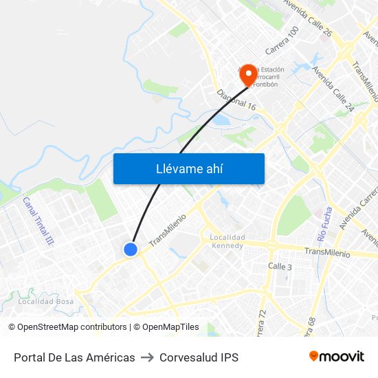 Portal De Las Américas to Corvesalud IPS map