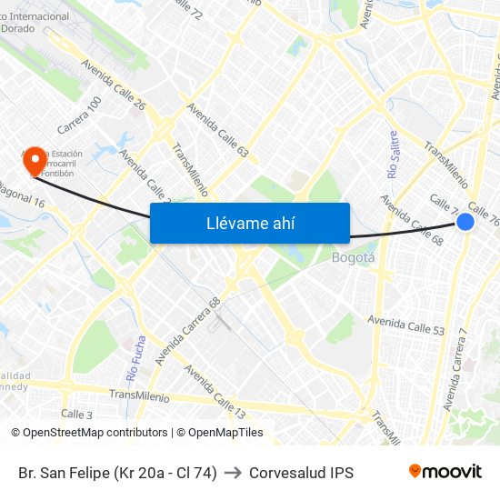 Br. San Felipe (Kr 20a - Cl 74) to Corvesalud IPS map