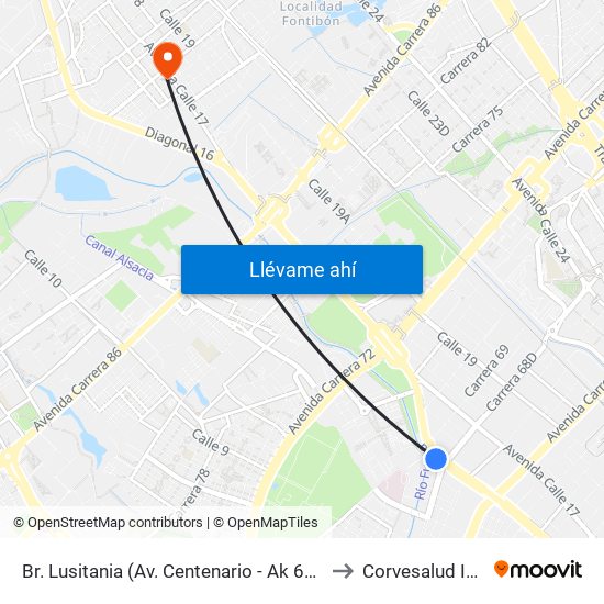 Br. Lusitania (Av. Centenario - Ak 68d) to Corvesalud IPS map