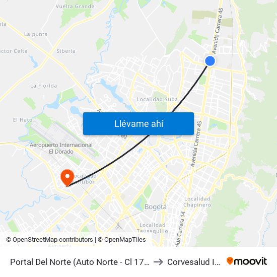 Portal Del Norte (Auto Norte - Cl 174a) to Corvesalud IPS map