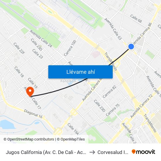 Jugos California (Av. C. De Cali - Ac 63) to Corvesalud IPS map