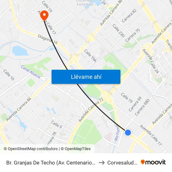 Br. Granjas De Techo (Av. Centenario - Kr 65) to Corvesalud IPS map