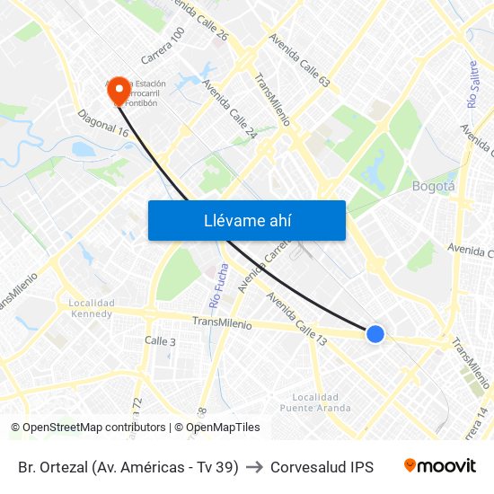 Br. Ortezal (Av. Américas - Tv 39) to Corvesalud IPS map