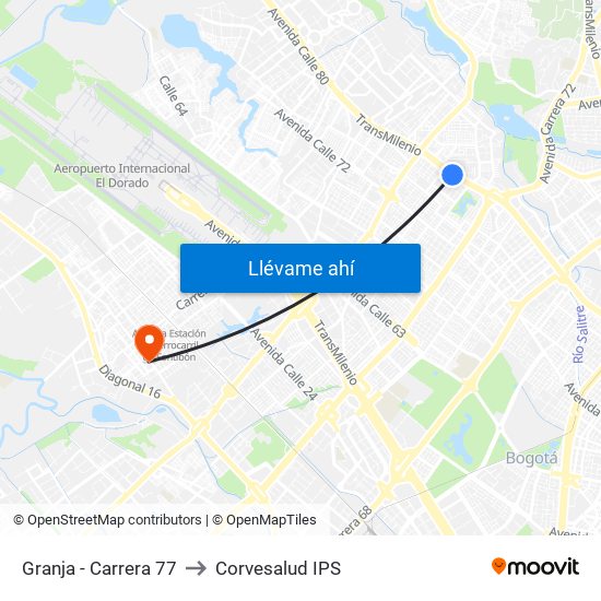 Granja - Carrera 77 to Corvesalud IPS map