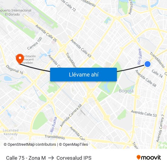 Calle 75 - Zona M to Corvesalud IPS map