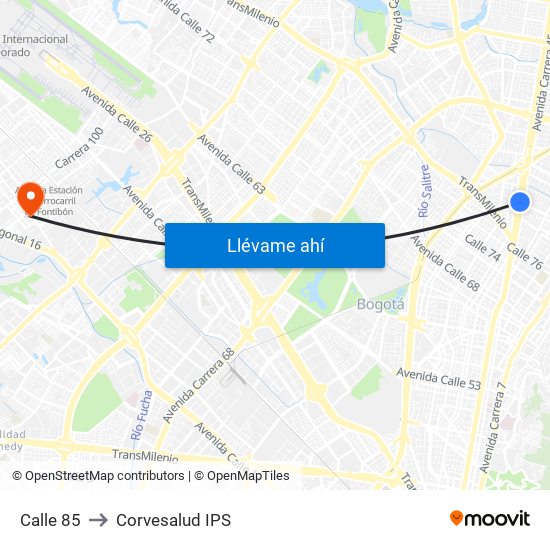 Calle 85 to Corvesalud IPS map