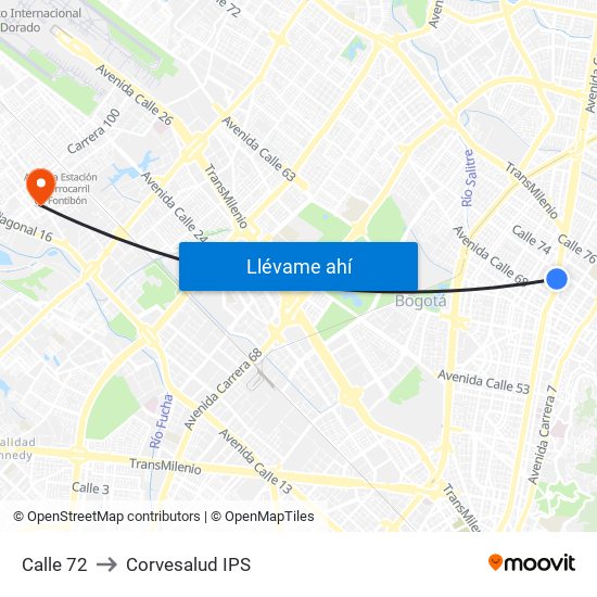 Calle 72 to Corvesalud IPS map