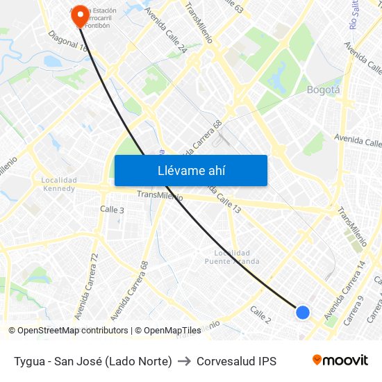Tygua - San José (Lado Norte) to Corvesalud IPS map