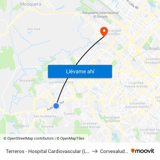 Terreros - Hospital Cardiovascular (Lado Sur) to Corvesalud IPS map