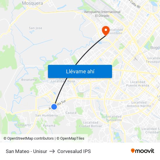 San Mateo - Unisur to Corvesalud IPS map