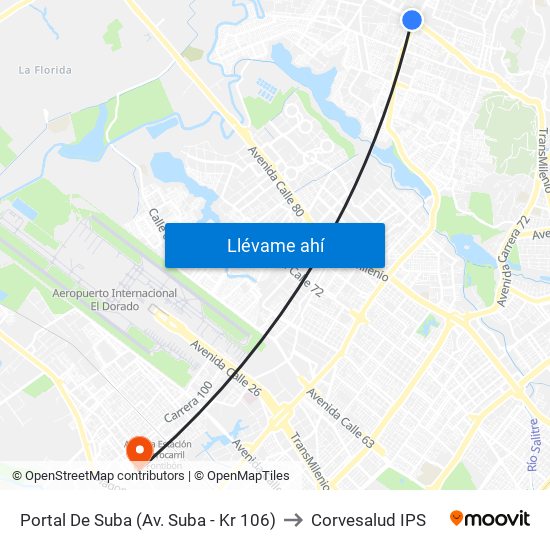 Portal De Suba (Av. Suba - Kr 106) to Corvesalud IPS map