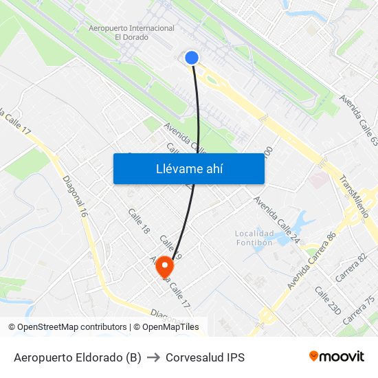 Aeropuerto Eldorado (B) to Corvesalud IPS map