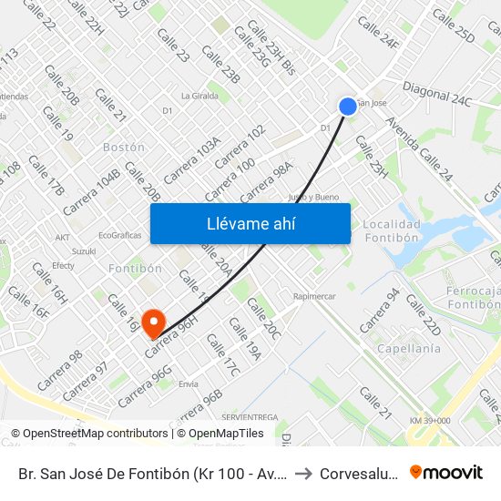 Br. San José De Fontibón (Kr 100 - Av. Esperanza) to Corvesalud IPS map