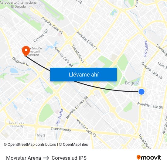 Movistar Arena to Corvesalud IPS map