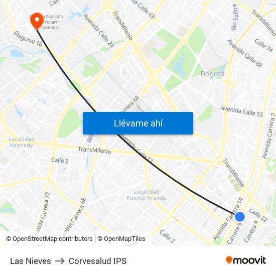 Las Nieves to Corvesalud IPS map