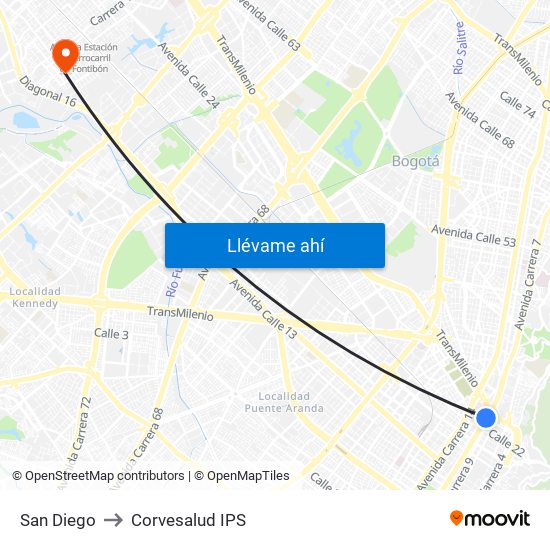 San Diego to Corvesalud IPS map