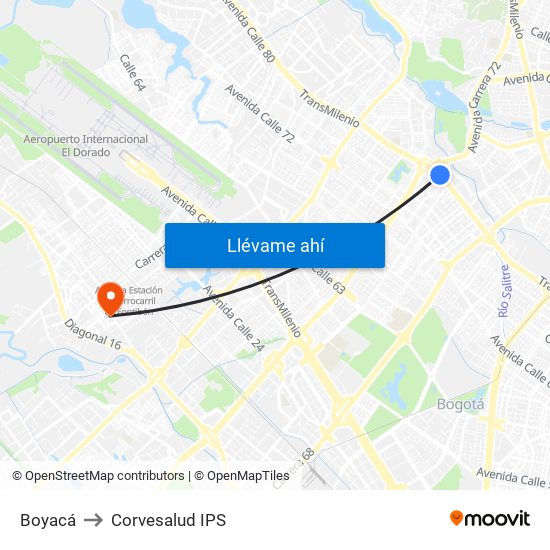 Boyacá to Corvesalud IPS map