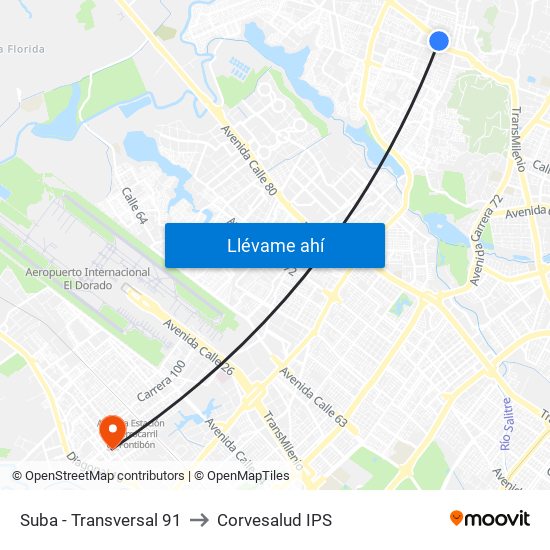 Suba - Transversal 91 to Corvesalud IPS map