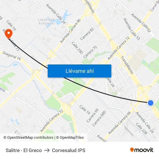 Salitre - El Greco to Corvesalud IPS map