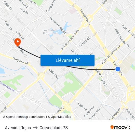 Avenida Rojas to Corvesalud IPS map