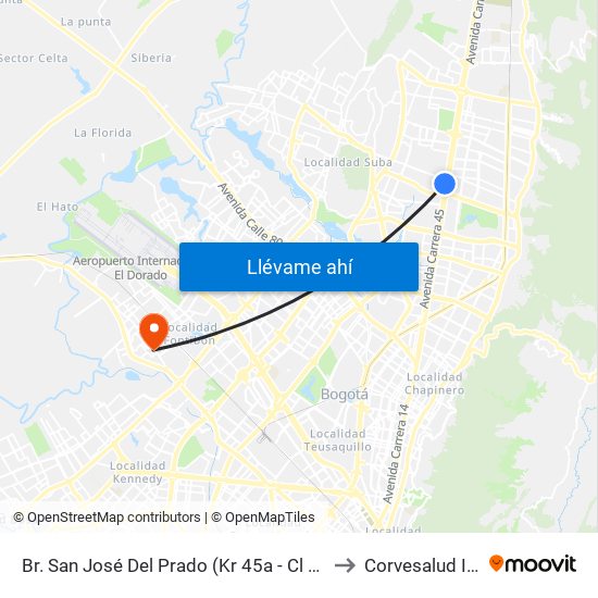 Br. San José Del Prado (Kr 45a - Cl 137) to Corvesalud IPS map