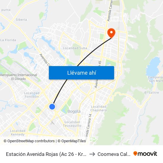 Estación Avenida Rojas (Ac 26 - Kr 69d Bis) (B) to Coomeva Calle 161 map