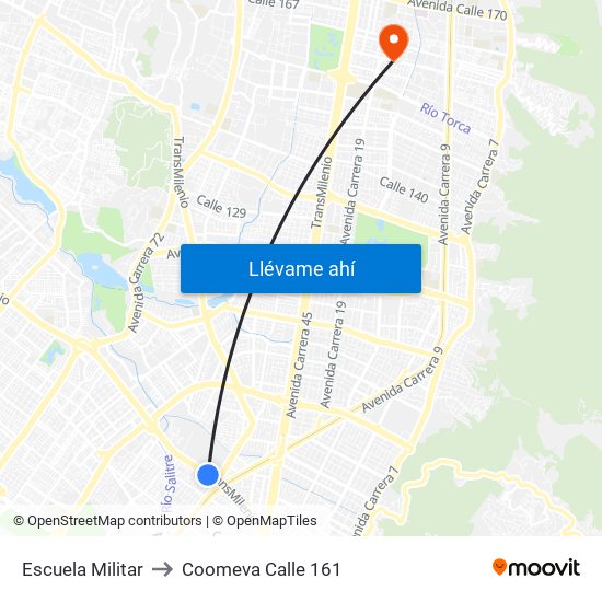 Escuela Militar to Coomeva Calle 161 map