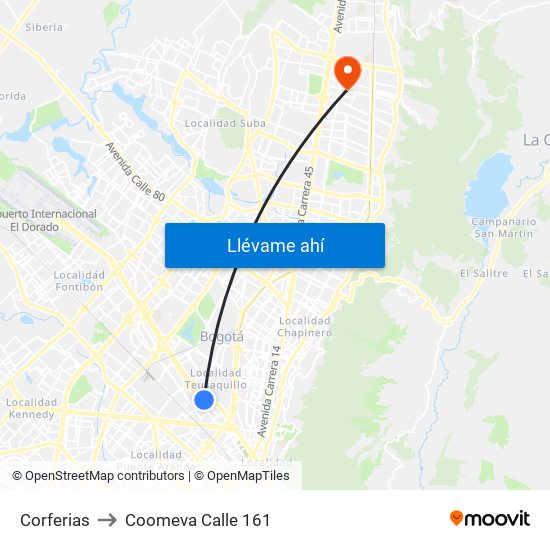 Corferias to Coomeva Calle 161 map