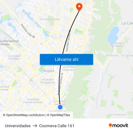 Universidades to Coomeva Calle 161 map