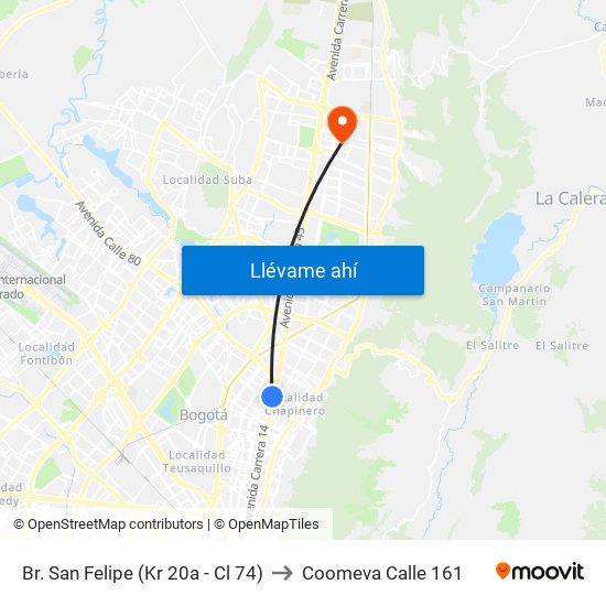 Br. San Felipe (Kr 20a - Cl 74) to Coomeva Calle 161 map