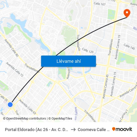 Portal Eldorado (Ac 26 - Av. C. De Cali) to Coomeva Calle 161 map