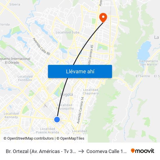 Br. Ortezal (Av. Américas - Tv 39) to Coomeva Calle 161 map