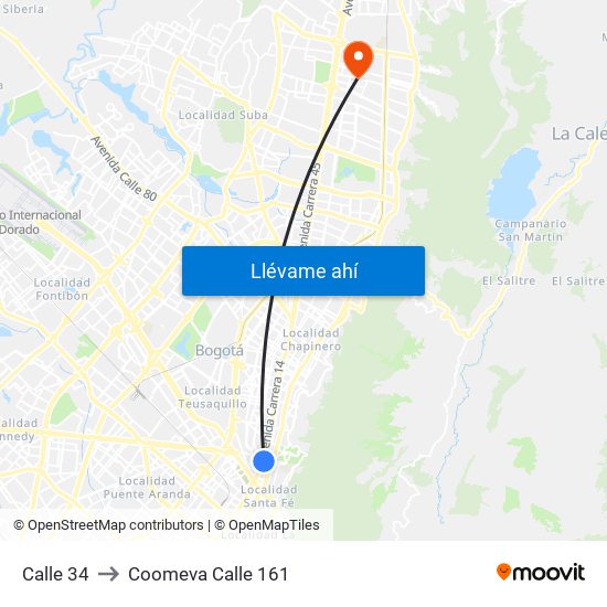 Calle 34 to Coomeva Calle 161 map