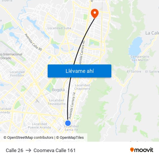 Calle 26 to Coomeva Calle 161 map