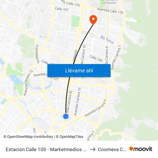 Estación Calle 100 - Marketmedios (Auto Norte - Cl 98) to Coomeva Calle 161 map
